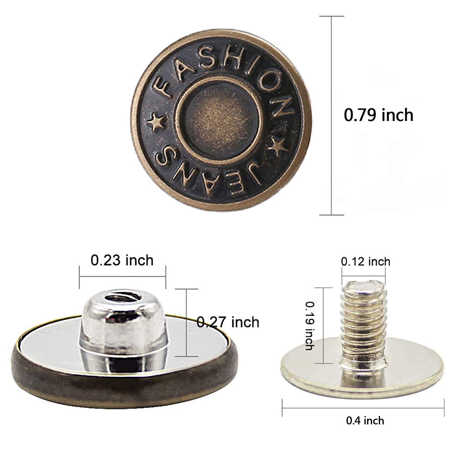 GIYOMI 20mm No Sewing Jeans Buttons Replacement Kit with Metal Base,12 Sets Nailess Removable Metal Buttons Replacement Repair Combo Thread Rivets and Screwdrivers (0.79 inch)