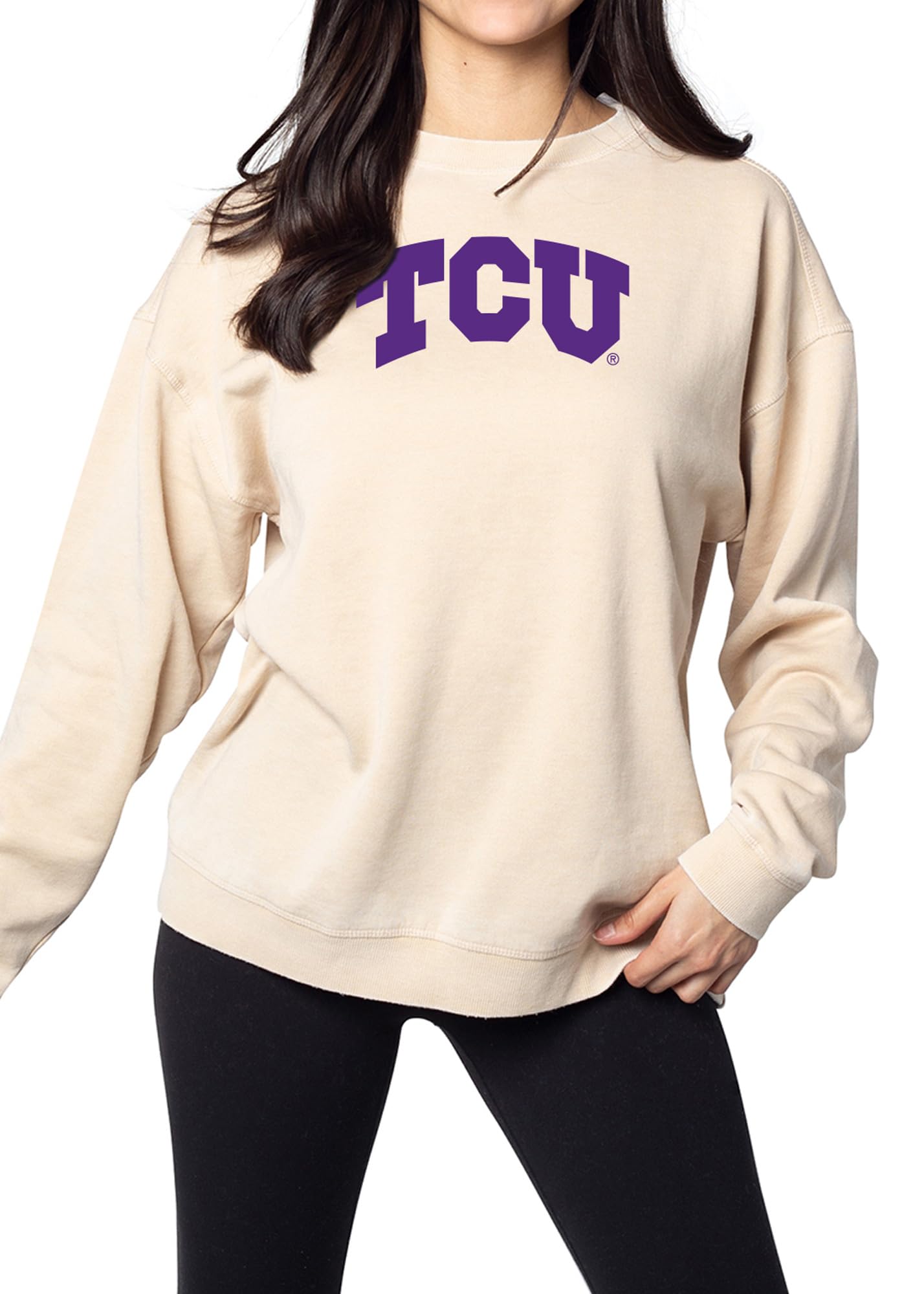 chicka-d Women's Oversized Dropped Shoulder Crewneck Fleece Sweatshirt NCAA Primary Team Icon Neutral, TCU Horned Frogs, Oatmeal, Large Image