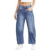Ladyful Barrel Jeans Vintage Elastic Mid Rise Wide Leg Jeans for Women Trendy Baggy Boyfriend Denim Pants with Pockets