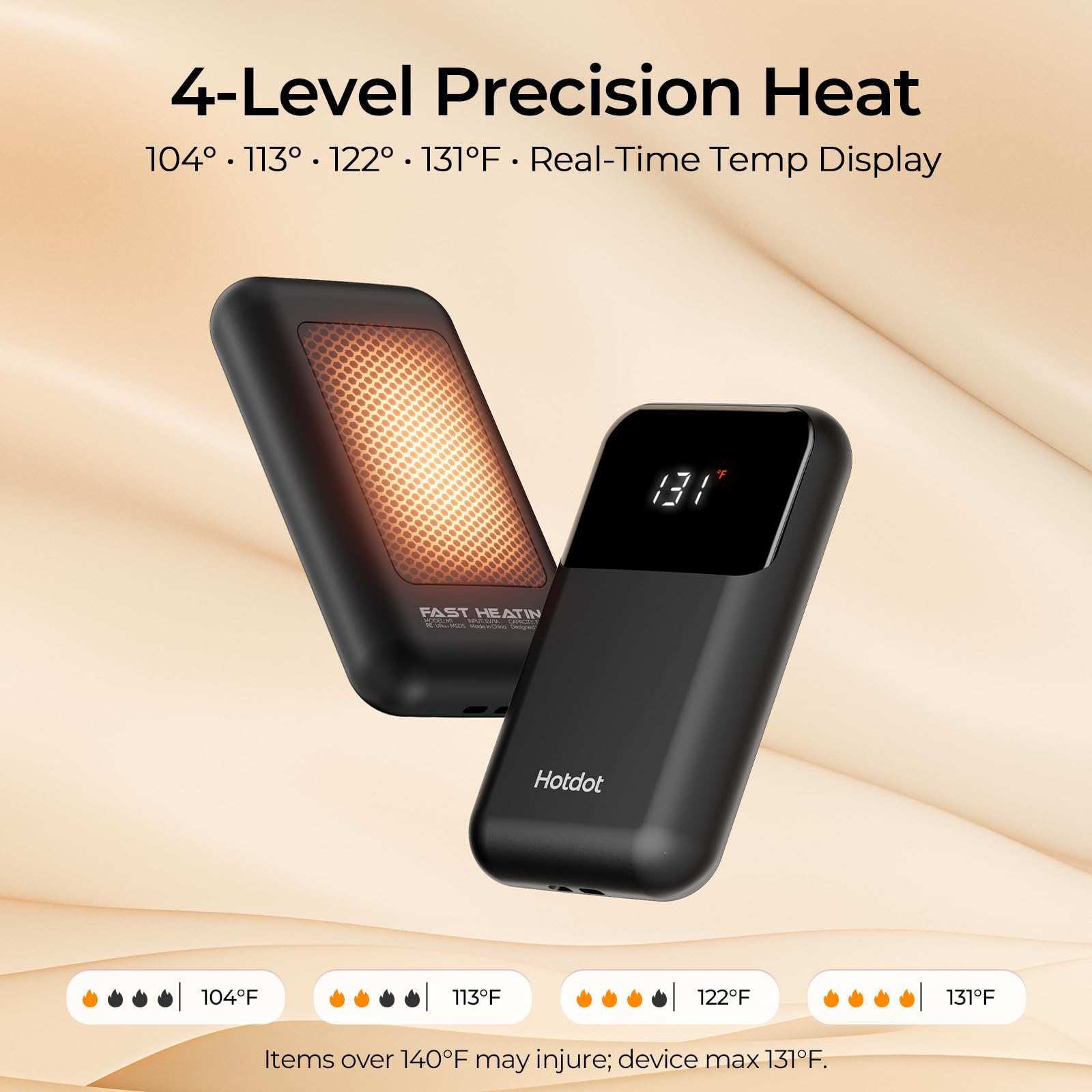 Hotdot Hand Warmers Rechargeable, Heat Levels (104–131°F), Real-Time Temp & Battery Display, Electric Hand Warmers, Fast Heating, Fits in Gloves/Pocket, Gifts for Women & Men