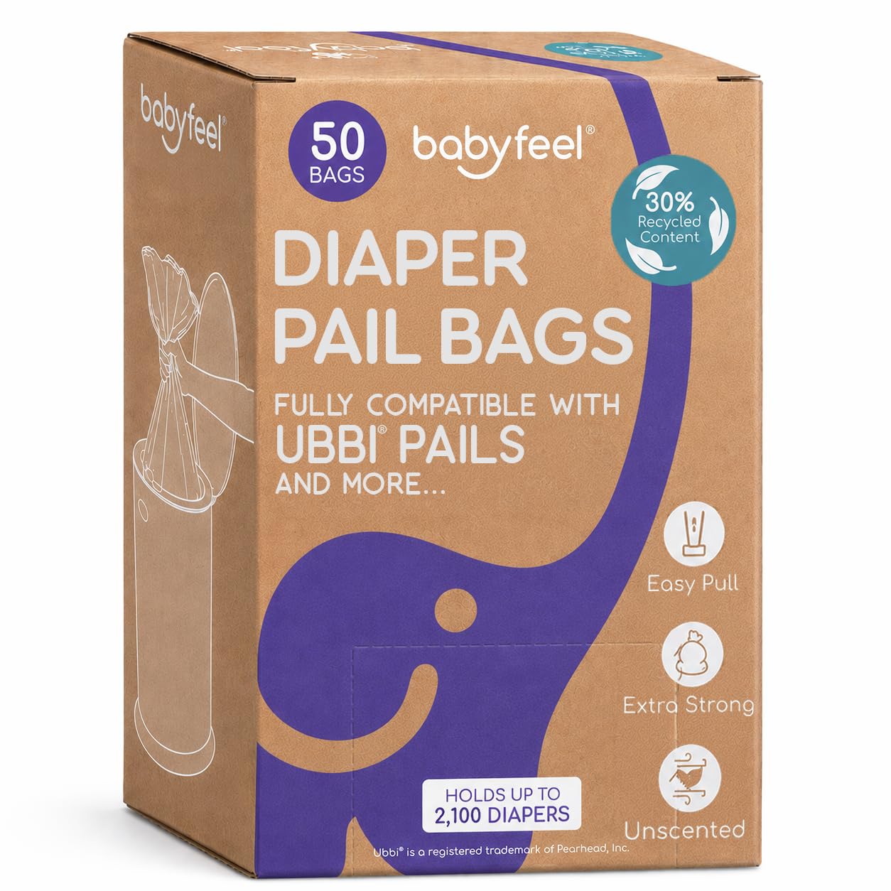 Babyfeel Diaper Pail Bags Compatible with Ubbi Diaper Pails, 50 Count | Easy Pull-out Refills | Unscented | Made from 30% Rec