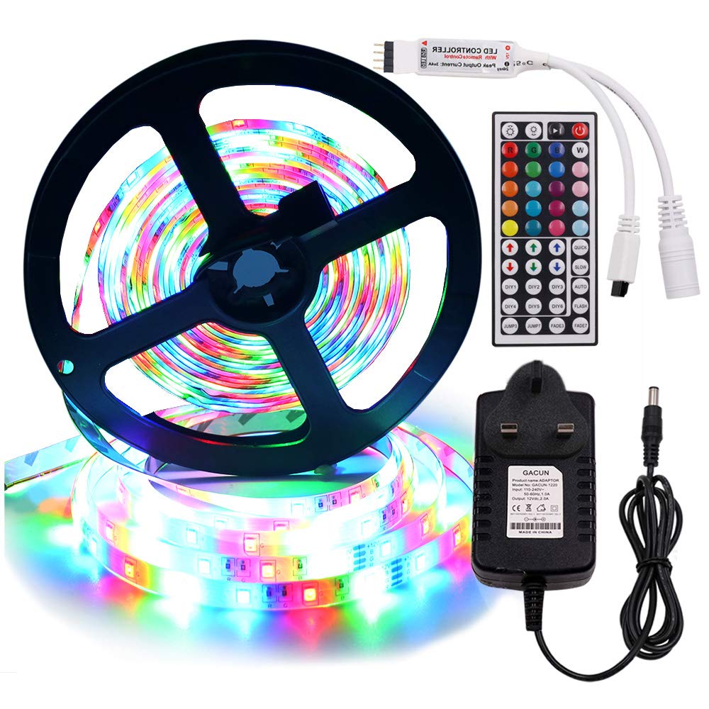GQL 5m RGB LED Strip Lights, 12V 2835 300LEDs Strips Self Adhesive Tape, 44 Key Remote IR Controller + UK Power Supply Rope Light Kit (RGB (IP65 Waterproof))