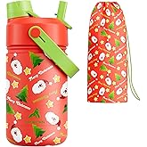12 oz Kids Christmas Insulated Water Bottle: 2-in-1 Straw Spout Lid, Leakproof, BPA-Free, Keep Cold 24H, Stainless Steel Cup with Carrier Bag for Party, Travel, Holiday Gift (Santa's Jolly Wishes)