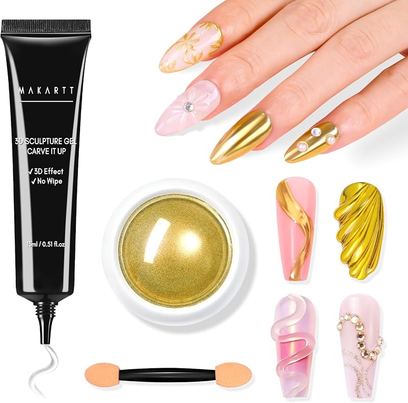 Makartt 3D Nail Gel and Gold Chrome Powder Kit Clear No Wipe