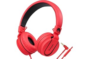 rockpapa 950 Wired Headphones for Kids Girls Boys for School Classroom with Microphone, On-Ear Foldable Corded Headphones with Jack 3.5mm for Laptop Computer Tablet Chromebooks Black Red