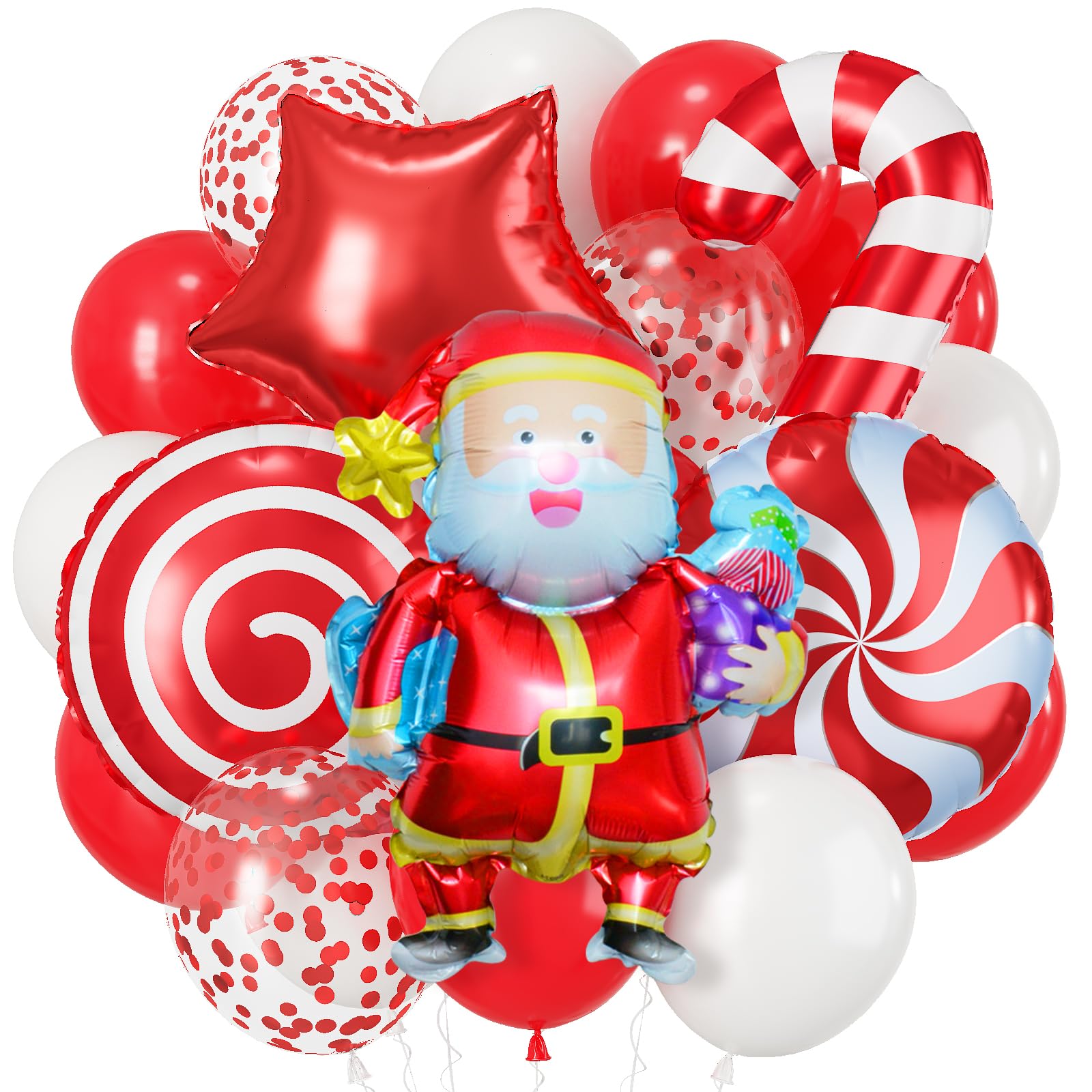Christmas Balloons, 12 Inch Red White Xmas Latex Balloons with Confetti, Large Christmas Foil Balloon Set with Windmill Candy Cane Star Santa Claus Balloon for Party Decor