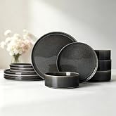 Dinnerware Sets for 4, 12 pcs Reactive Glaze Plates and Bowls Sets, Black | Large Size Modern Stoneware Dishes, Chip &amp; Scratch Resistant, Dishwasher and Microwave Safe Tableware, Glossy