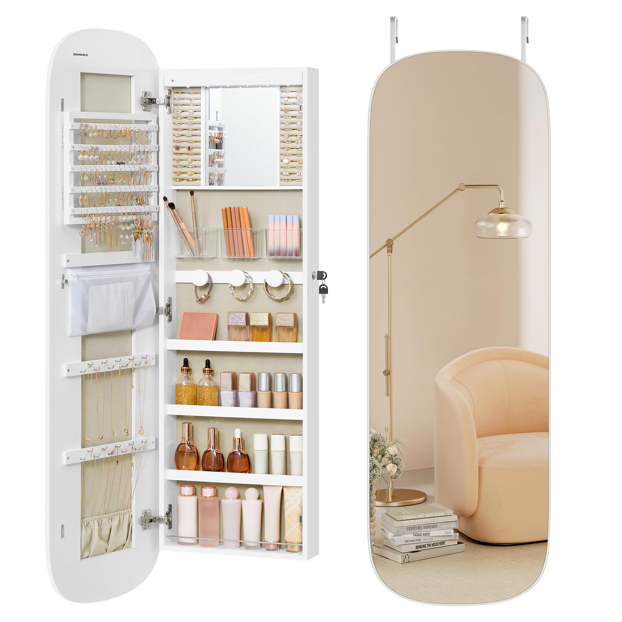 SONGMICS Jewelry Organizer, LED Jewelry Cabinet Wall/Door Mounted, Lockable Rounded Wide Mirror with Storage, Interior Mirror, 3.9 x 16.5 x 55 Inches, White Surface with Greige Lining Image
