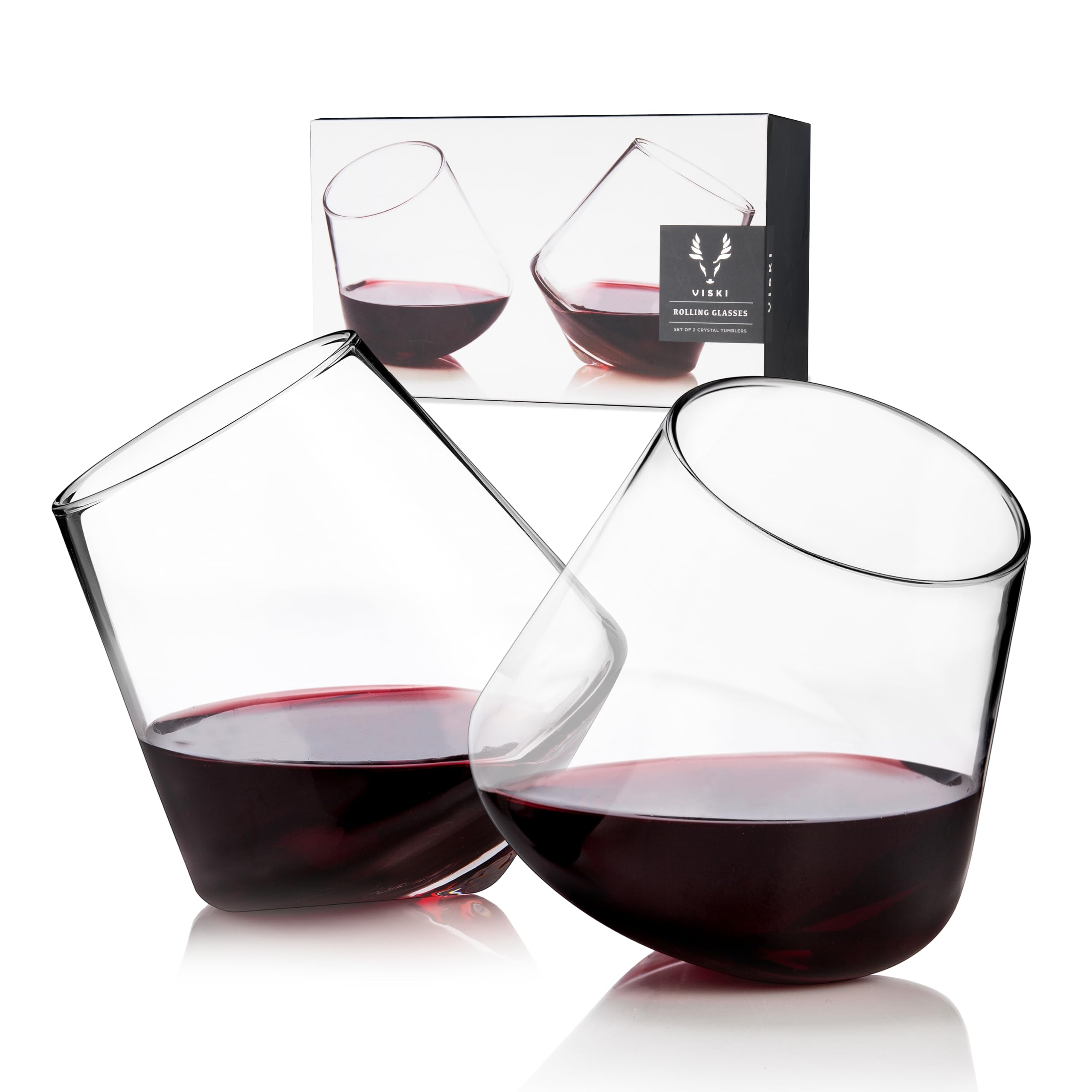 Viski® Rolling Crystal Wine Glasses Set of 2, No-Lead Premium Crystal Clear Glass, Modern Stemless, Wine Glass Gift Set, 12oz (355ml)