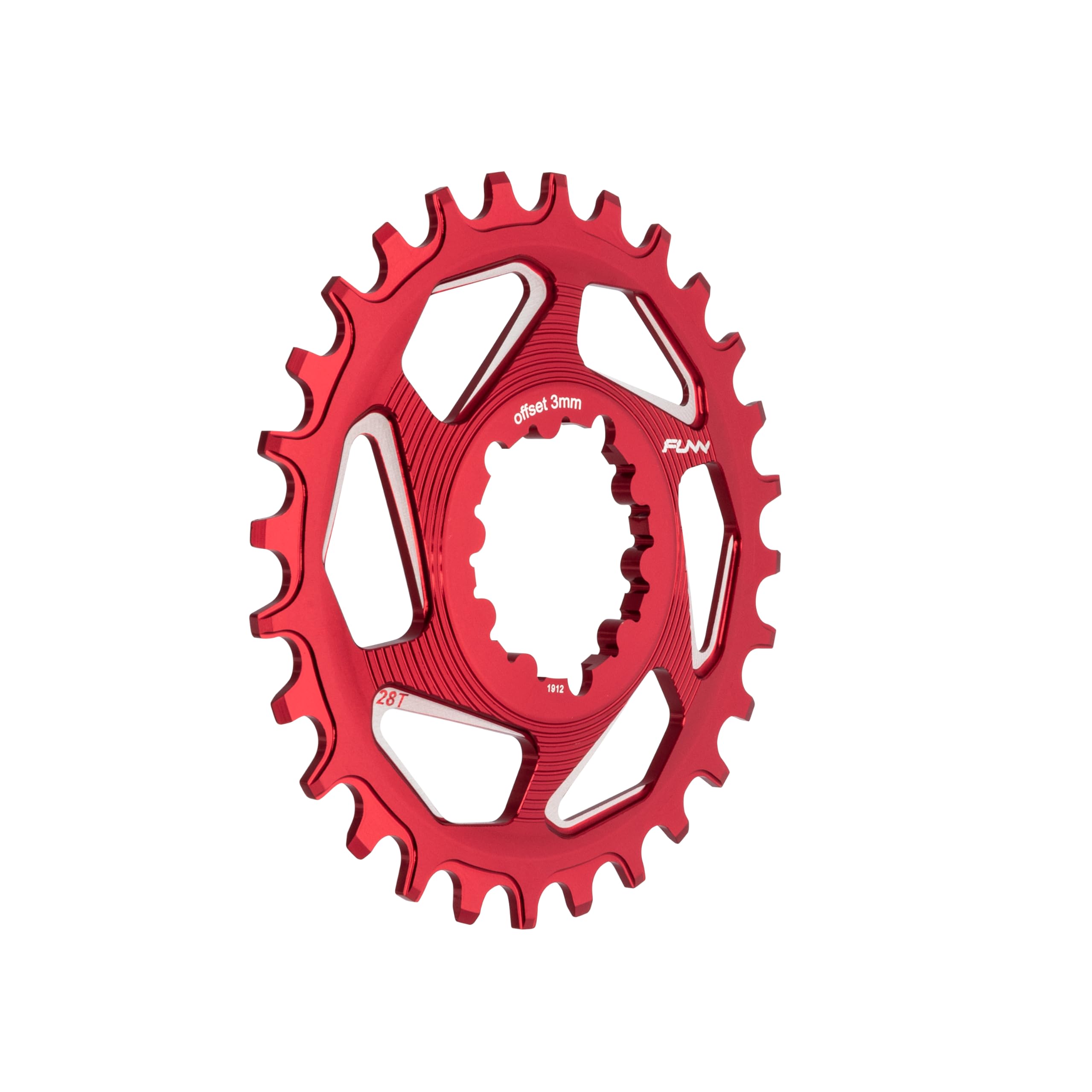 Funn Solo DX Narrow Wide Chainring for 9-12 Speed Chain, SRAM Direct Mount Interface Crankset, 3mm Offset, Single Speed Bike Chain Ring for MTB, BMX and Road Bike (28T, Red)