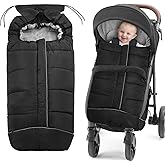 Universal Baby Footmuff for Strollers,Stroller Cover for Winter with Hooded Design,Waterproof and Windproof Winter Sleeping Bag with Coral Fleece Lining, Baby Bunting Bags for Most Strollers (BLACK)