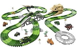 KuKuFun 249 PCS Dinosaur Race Car Track Toys, Dinosaur Race Tracks Toys with Light, Sound & Spray, Dinosaur Toys for Kids Toddler Boys Ages 2-4 3-5 4-6, Birthday Toys Gifts for 2 3 4 5 Year Old Boys
