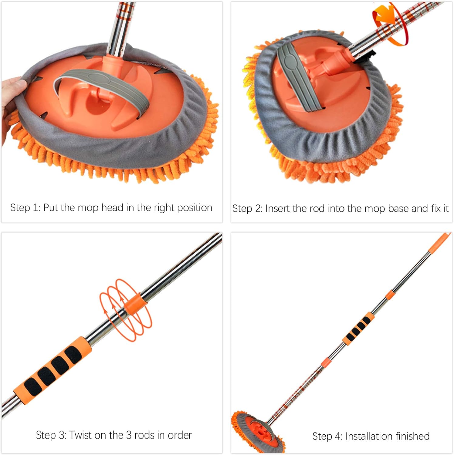 AgiiMan Car Wash Brush with Long Handle - 3 in 1 Car Cleaning Mop, Chenille Microfiber Mitt Set, Adjustable Length 24in-43in Glass Scrabber Vehicle Cleaner Kit: Automotive