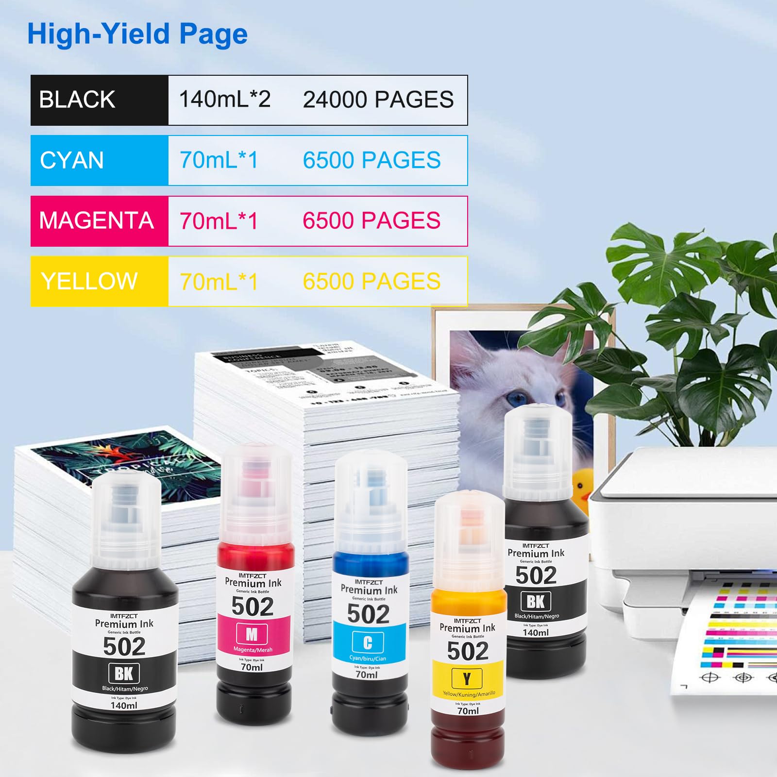 Compatible Epson 502 Ink Refill Bottles for ET-3760 ET2760 ET2750 ET-4760 ET-2850 ET-15000 ST-4000 ST-2000 ET-3710 ET-3850 ET-3750 ET-4850 ET4750 ET2700 ST3000 ET3700 Printer(2BK C M Y)