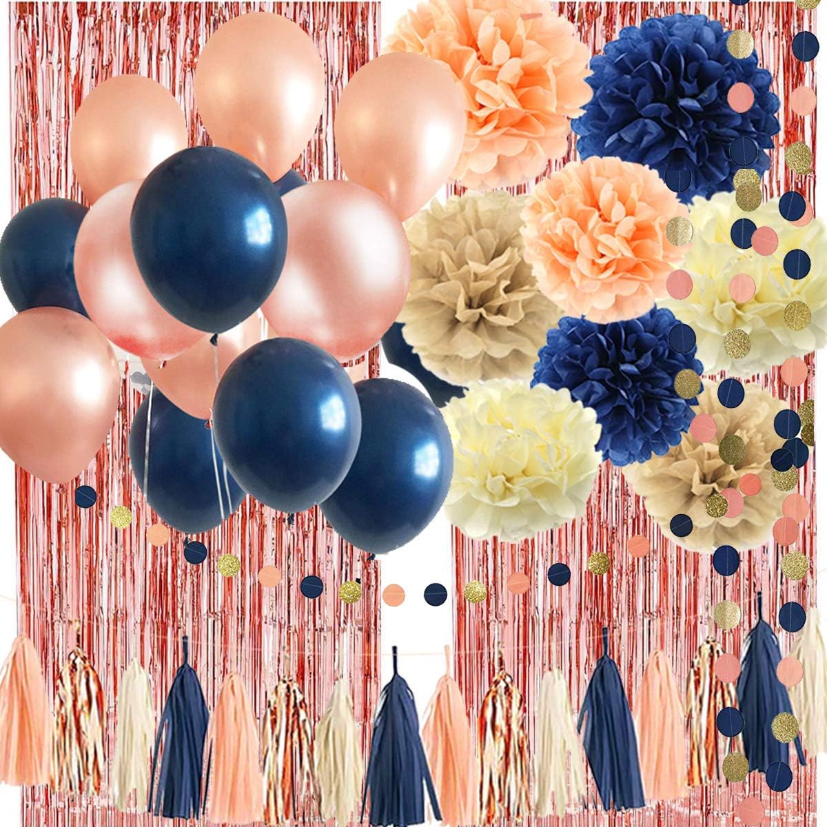 32 Pack Navy Blue Rose Gold Party Decoration Kit - Navy Rose Gold Balloons, Curtains, Paper Flowers,Tassel and Garland for Bridal Shower, Baby Shower, Gender Reveal, Graduation, Rose Gold Bachelorette Party Decorations: Toys & Games