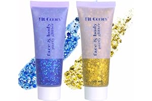 KIMIEYE Face Glitter Gel, 2 Jars Holographic Chunky Glitter Makeup for Body, Hair, Face, Nail, Eyeshadow, Long Lasting and Waterproof Mermaid Sequins Liquid Glitter Total 6 Colors Available (Blue & Gold)