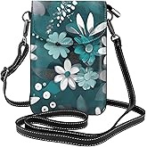 vghkeih SmallTeal Grey and White Floral Crossbody Cell Phone Purse for Women, Leather Flip Cover Waist Bag with Detachable Strap