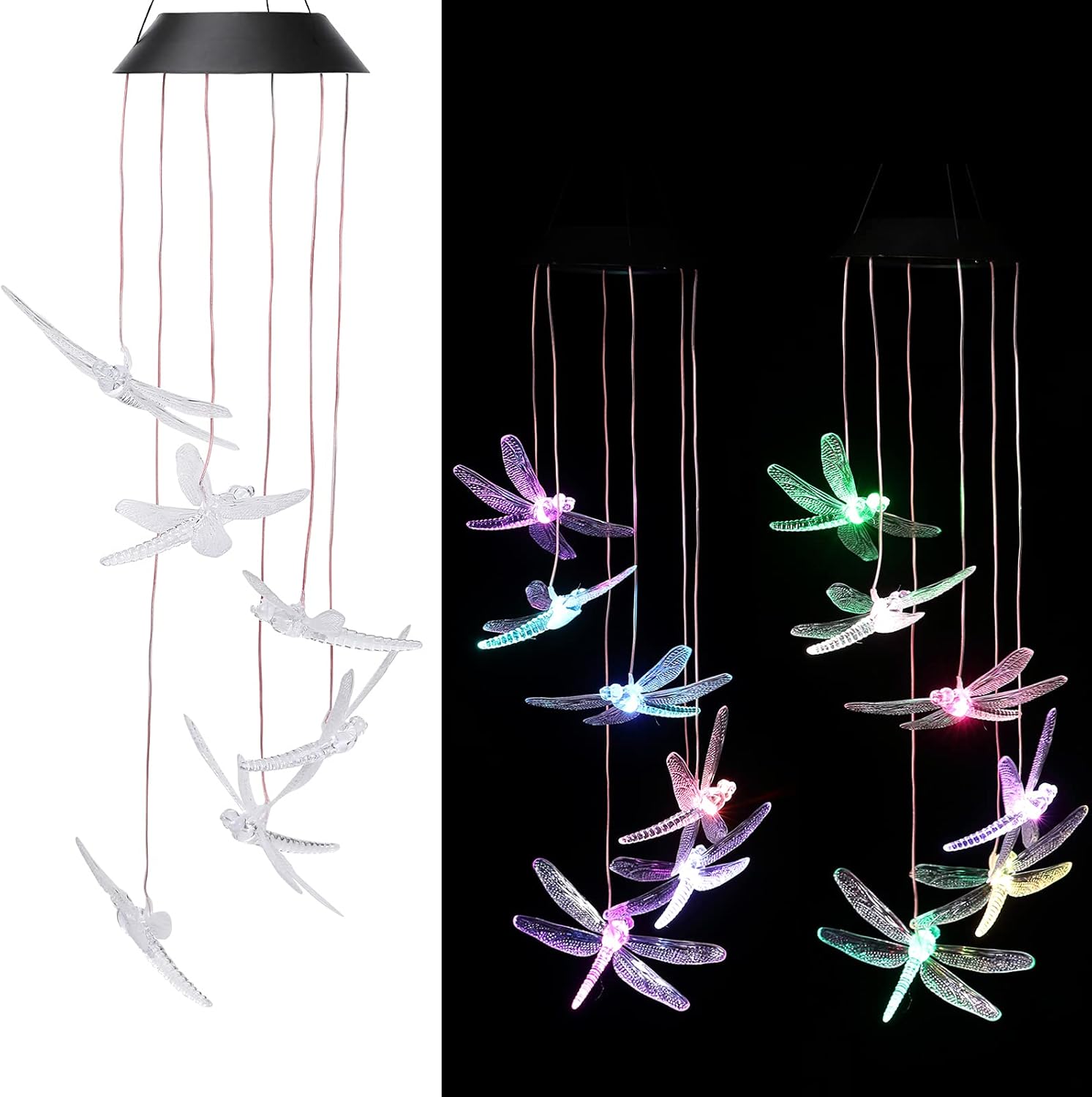 CAMMILE Solar Wind Chimes Outdoor Rainproof Changing Colors String Light Wind Chimes Hummingbird Yard Decorations Solar Light Mobile Yard Garden Patio Home Party Festival Decorative Light(Dragonfly)