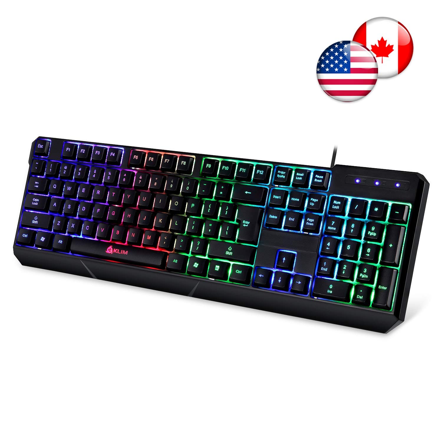 ⭐️Klim Chroma Backlit Gaming Keyboard - Wired USB - Led Rainbow Lighting - Ergonomic, Quiet, Water Resistant - Black RGB PC Windows PS4 Mac Keyboards - Teclado Gamer Silent Keys with Light Color