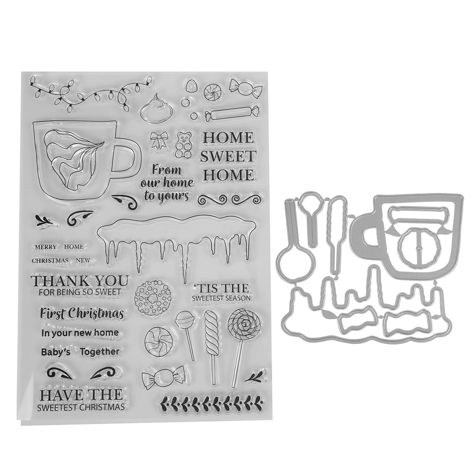 Sweet Candy Transparent Stamps, Greeting Words Clear Stamp Kit Embossing Cutting Die Set for DIY Scrapbook Crafts