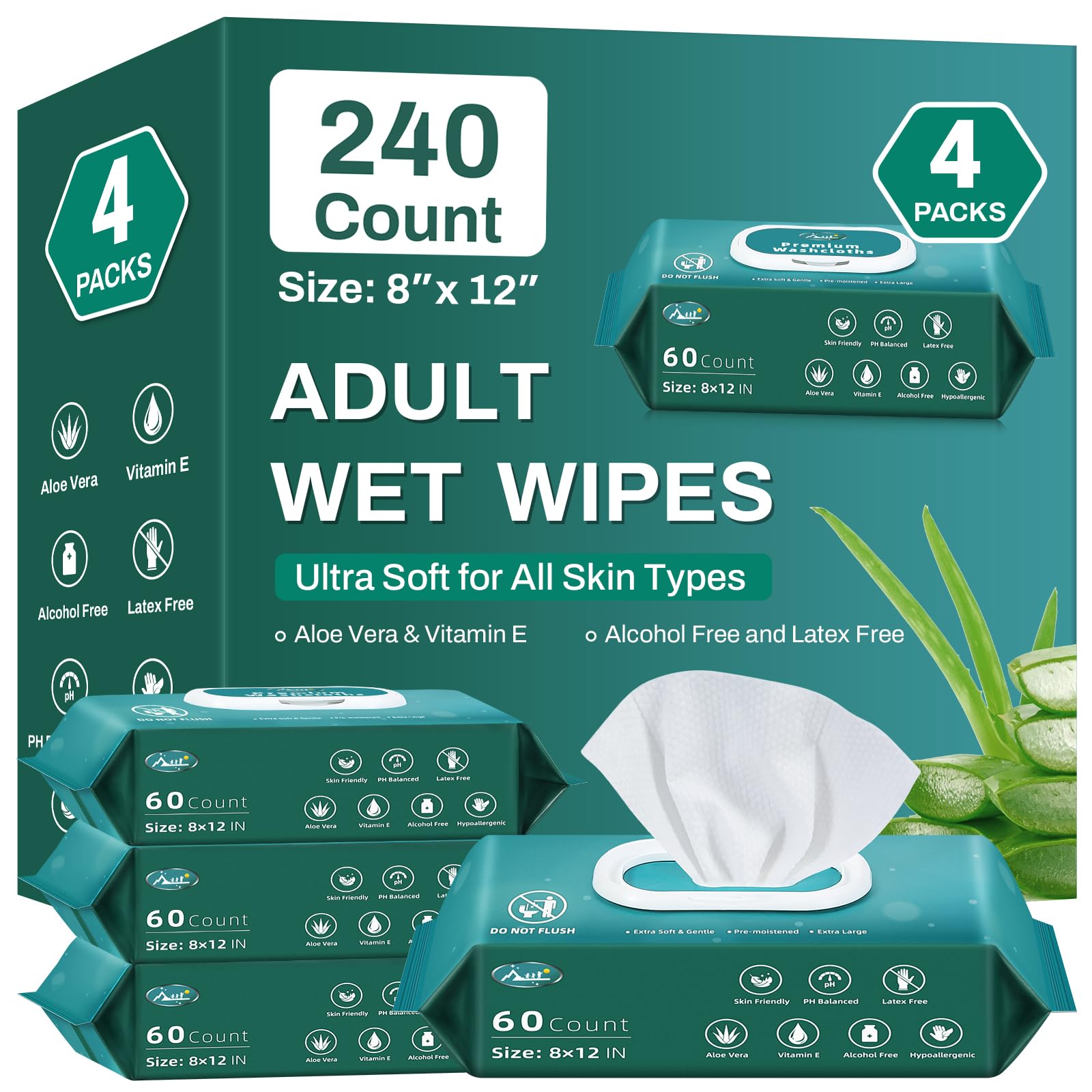 Photo 1 of [240 Count] Adult Wipes for Elderly, 8" x 12" Extra Large Adult Wipes for Incontinence & Cleansing - Disposable Washcloth for Elderly Bathing No-Rinse - Vitamin E & Aloe