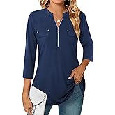 BEPEI Womens Floral 3/4 Sleeve Shirts Zip up V Neck Work Chiffon Blouses Top