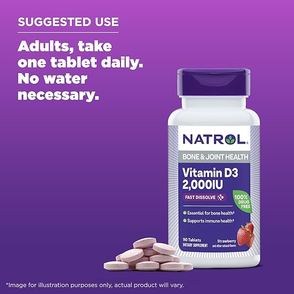 NATROL FAST DISSOLVE VITAMIN D3 2,000 IU, DIETARY SUPPLEMENT FOR BONE AND JOINT HEALTH, BONE SUPPORT SUPPLEMENT, 90 TABLETS, 90 DAY SUPPLY
