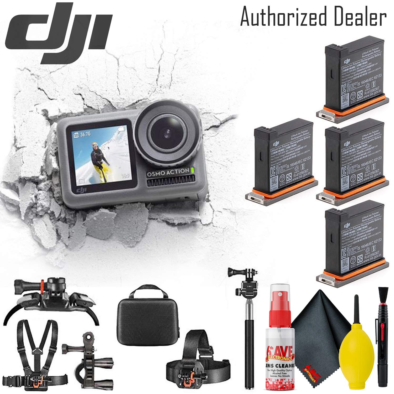 DJI Osmo Action Camera Action Cam Batteries (4) Clean Kit Mount