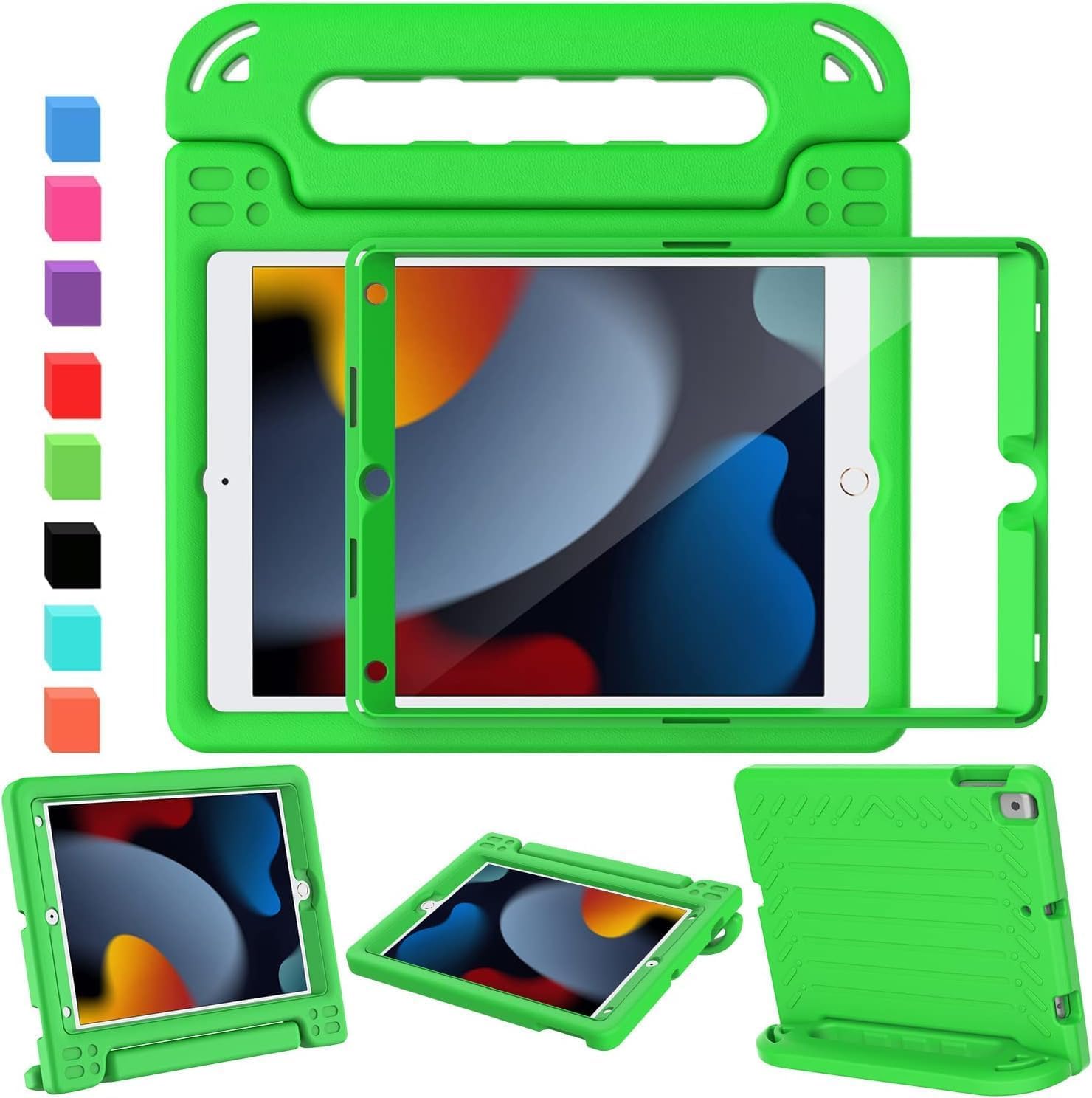 SINSO Case for iPad 9th Generation 2021/iPad 8th Generation 2020/iPad 7th Generation 2019, 10.2 Inch Kids ipad Cover Built-in Screen Protector, Shockproof Light Weight with Handle/Stand, Green