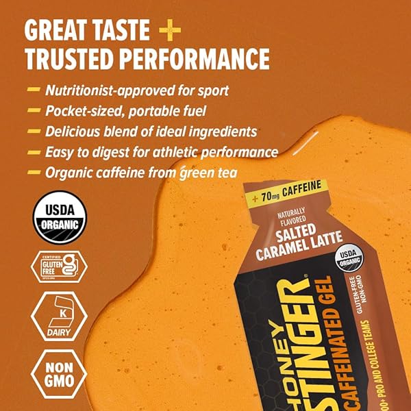 HONEY STINGER ORGANIC SALTED CARAMEL ENERGY GEL, CAFFEINATED & GLUTEN FREE, FOR EXERCISE, RUNNING AND PERFORMANCE, SPORTS NUTRITION FOR HOME & GYM, PRE AND MID WORKOUT, 12 PACK, 13.2 OUNCE