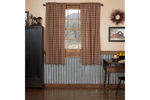 VHC Brands Crosswoods Plaid Cotton Primitive Curtains Rod Pocket Tie Back(s) Panel Pair, Natural Tan