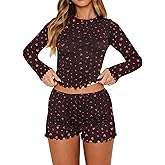 Lacozy Cute Pajama Sets for Women 2 Piece Floral Print Fall Pj Set Woman Long Sleeve Crop Top and Short Y2K Sleep Set