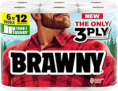 Brawny Tear-A-Square 3-Ply Paper Towels, 6 Double Rolls = 12 Regular Rolls, Strong, Absorbent, and Durable with 3 Sheet Sizes