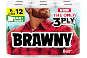 Brawny Tear-A-Square 3-Ply Paper Towels, 6 Double Rolls = 12 Regular Rolls, Strong, Absorbent, and Durable with 3 Sheet Sizes (Quarter, Half, Full)