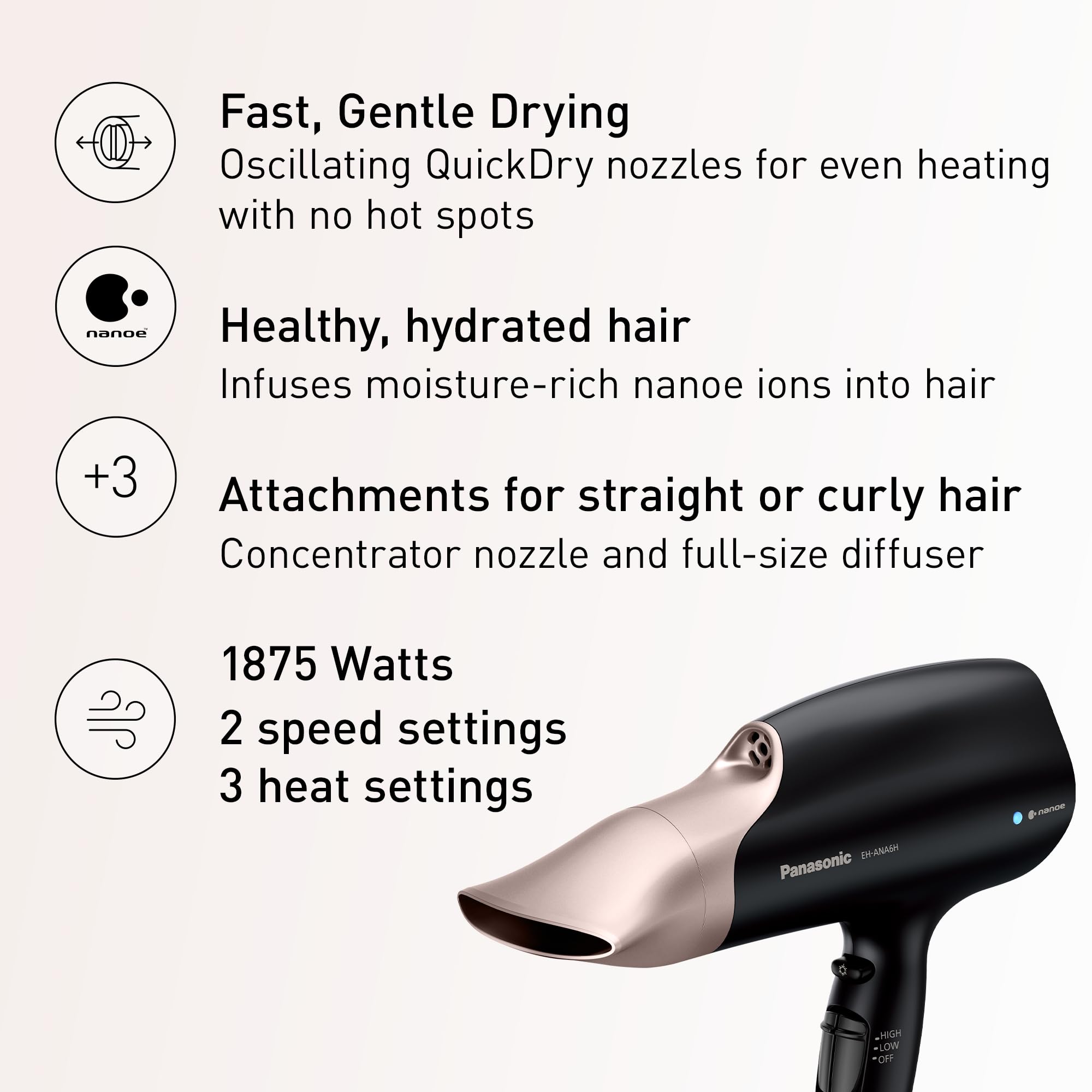 Panasonic Nanoe Salon Hair Dryer with Quick-Dry Oscillating Nozzle, Diffuser Attachment for Curly, Wavy Hair, 3-Speed Heat Setting for Easy Styling & Healthy Hair, EH-ANA6HN (Black/Pink Gold)