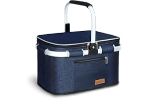 LIQING 35L Large Picnic Basket 7 Layers of Internal Pockets Leak-Proof and Insulated Folding, Internal Support Does Not House Warming Gifts New Home, Wedding Gifts for Couple(Navy Blue)