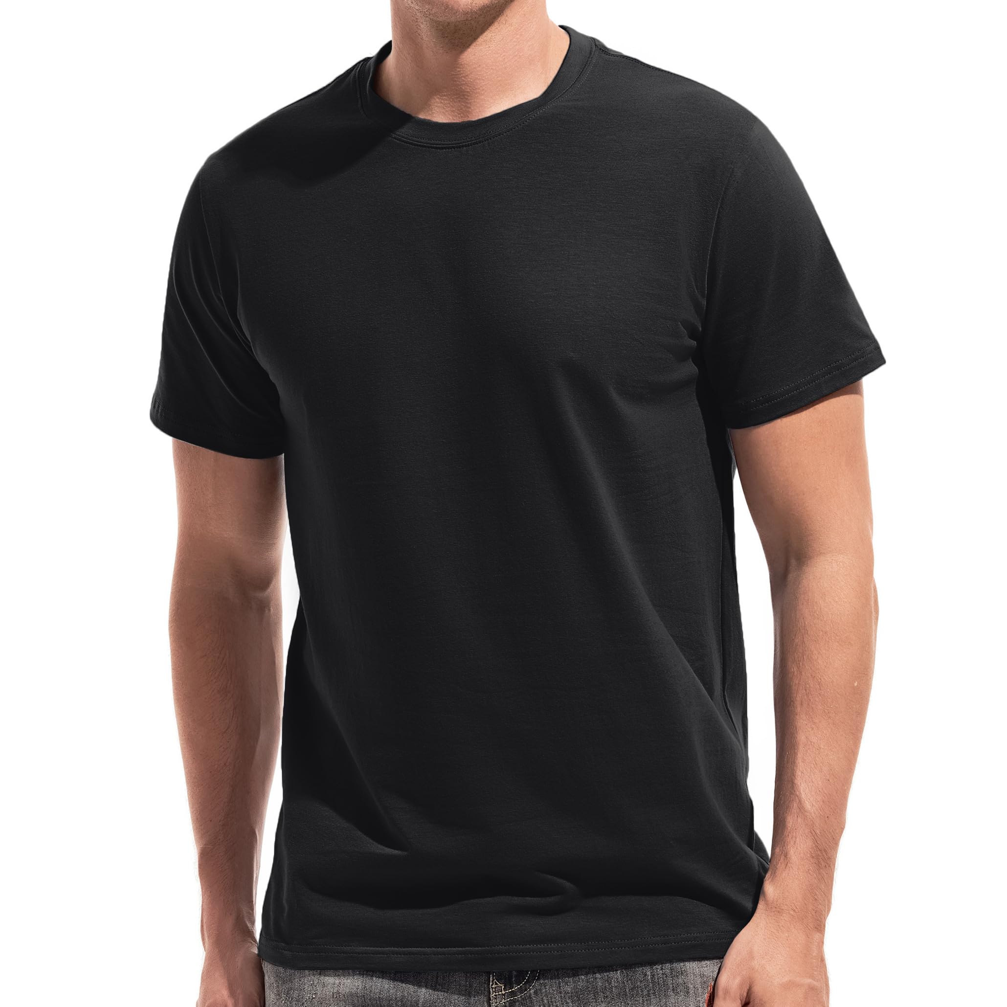 Photo 1 of VEIISAR Mens T Shirt - Short Sleeve Crew Neck Soft Fitted Elastic Tees Fresh Classic Tshirts Black L