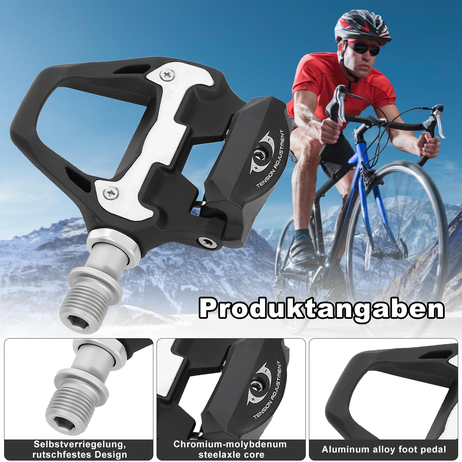 Topiky Fahrradpedale mit -SL System, R21 Self Locking Clipless Fahrradpedale mit Cleats Set, sl pd-rs500 Pedal, Aluminiumlegierung, 9x10CM Rennradpedale, Cleats und Montagematerial 3