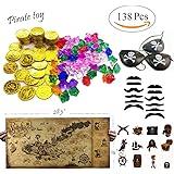 TKOnline 138 piece Pirate Party Supplies and Pirate Favor Toy Bundle( Gold Coins,Pirate Gems, Gemstone Rings,Tattoos, Mustaches, Eye Patches,Maps)