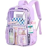MUSEVOS Clear Backpack for School, Heavy Duty Clear Bookbag for Girls Boys Transparent Backpack with Badge Holder, Purple