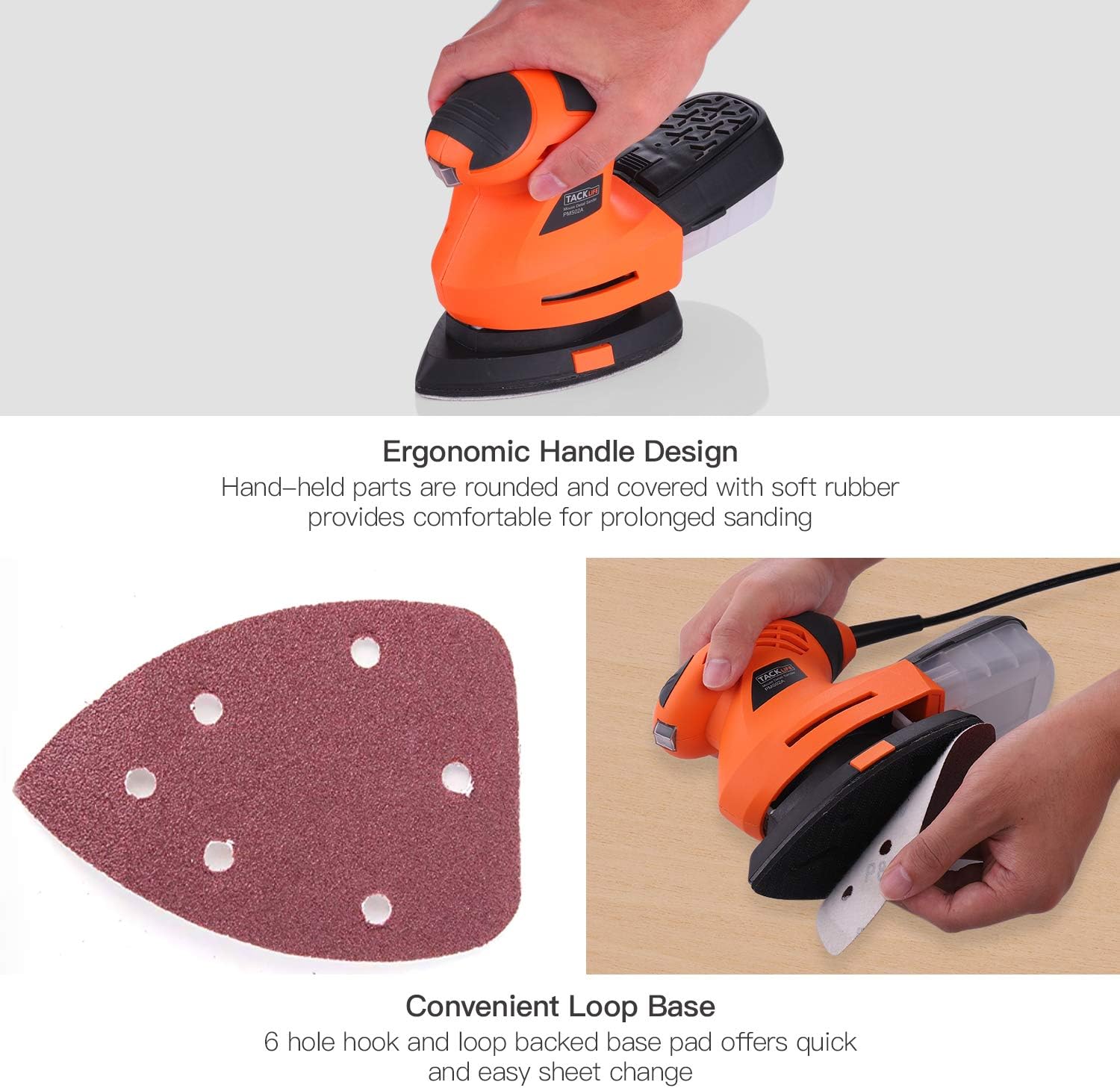 TACKLIFE Detail Sander 1.67A, Advanced 360° Rotatable Sanding Pad, Electric Sander with Sturdy Dust Collection Container, 200W 12000RPM Mouse Detail Sander, 3 Meter Cord, DIY | PMS02B - - 