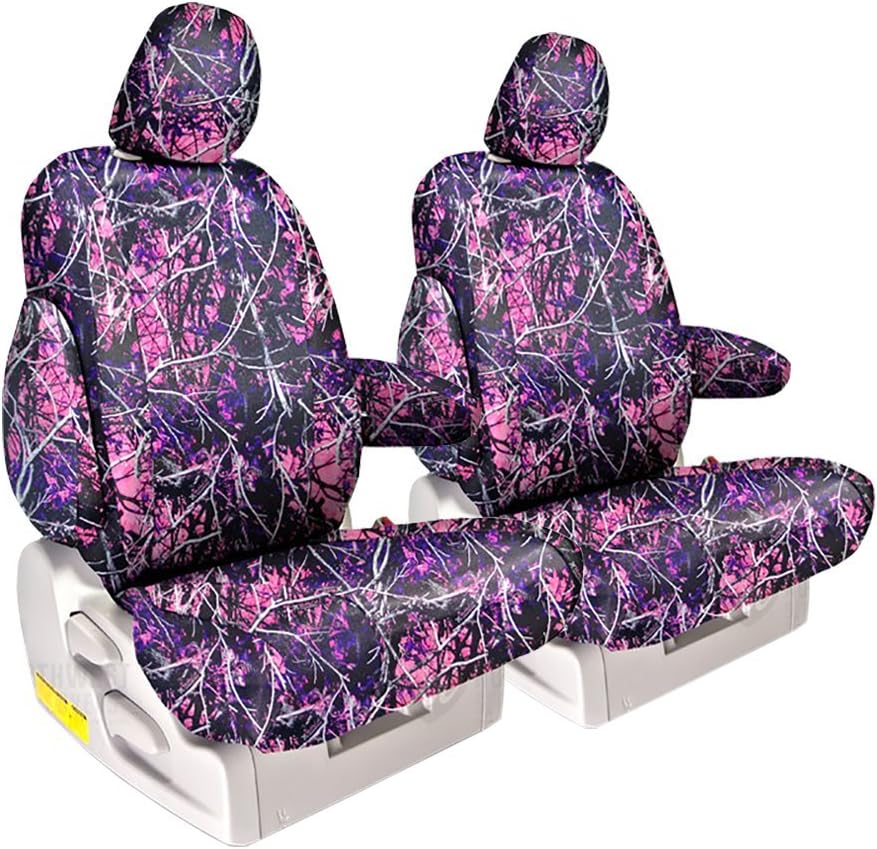 Front Seats: ShearComfort Custom Moonshine Muddy Girl Seat Covers for Toyota RAV4 (2019-2020) in Camo Solid for Buckets w/Adjustable Headrests