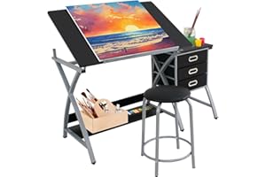 JupiterForce Drafting Table with Tiltable Tabletop and Stool, 3 Storage Drawers, Art Desks for Adults, Painters, Work Station, Home Office, Black
