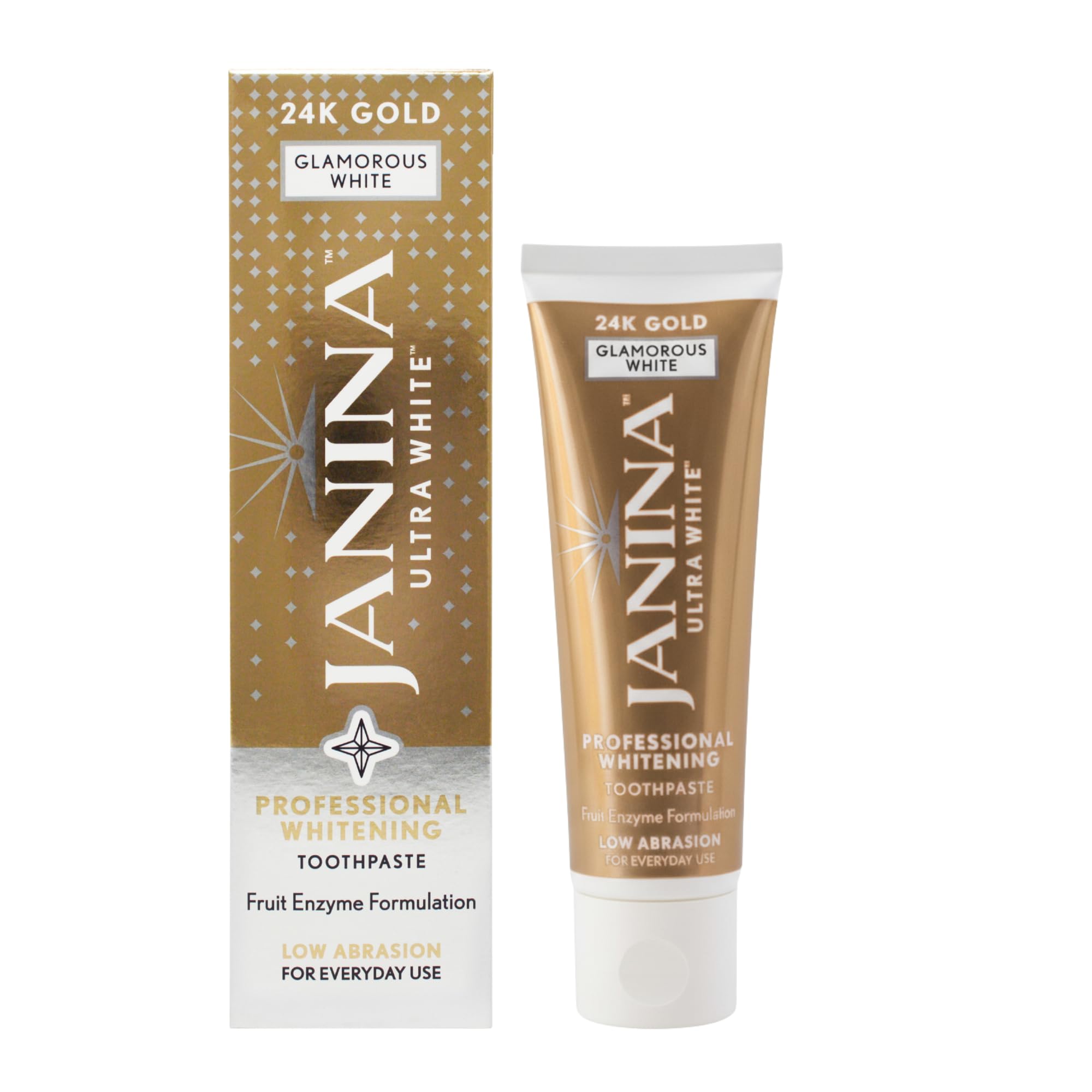 Janina Ultra White 75ml 24K Gold Toothpaste, Mint, Low Abrasive Formula with Anti-Inflammatory Colloidal Gold & Whitening Complex for Teeth Whitening, for Everyday Use, Vegan & Cruelty Free