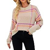 ChiaoLezhee Checkered Pullover Sweaters, Crew Neck Long Sleeve, Fall Clothing, Lightweight Sweater for Women Striped Plaid