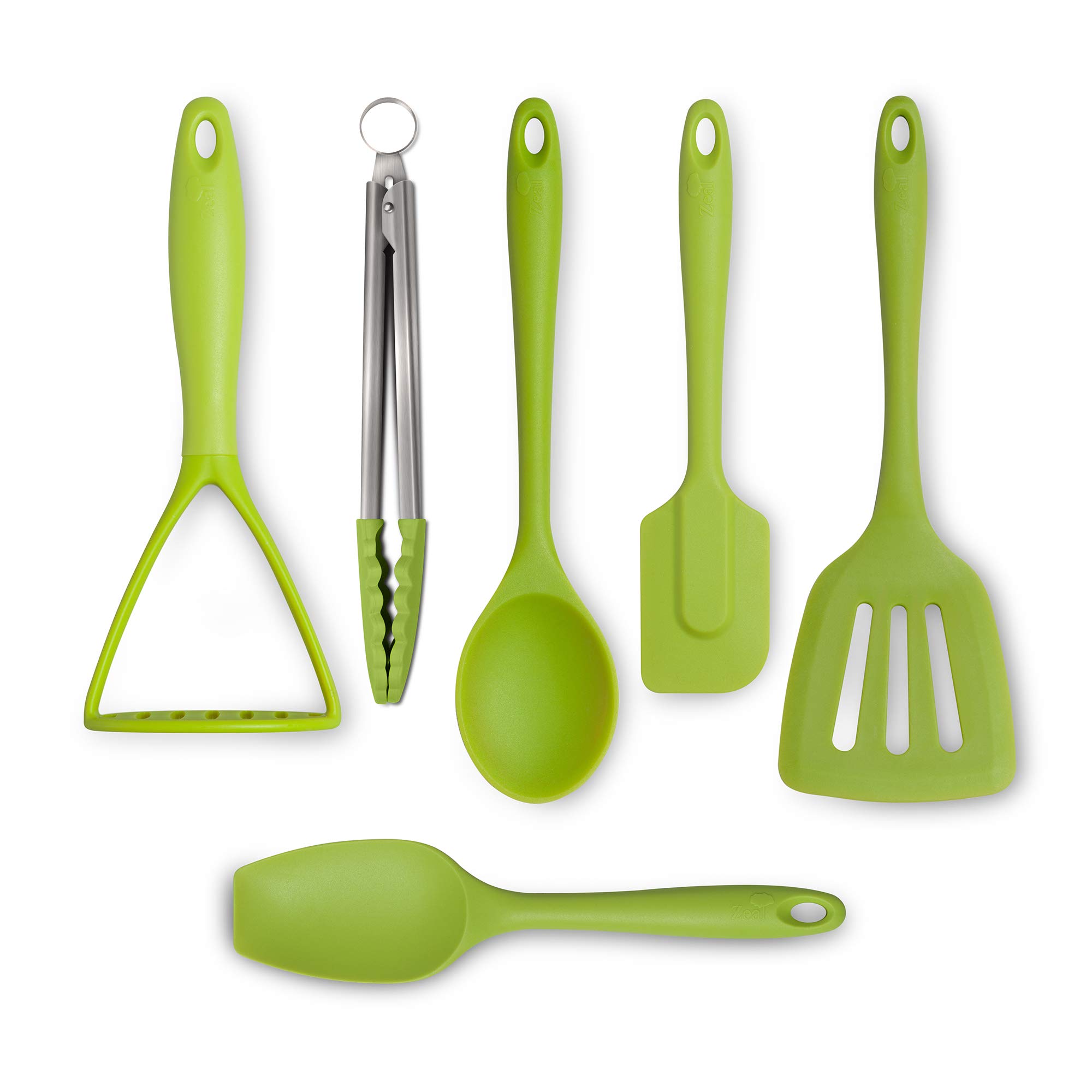 Zeal JSET46L Non-Stick Silicone Turner, Tongs, Masher, Spatula Cooks Spoon 6-Piece Set-Lime