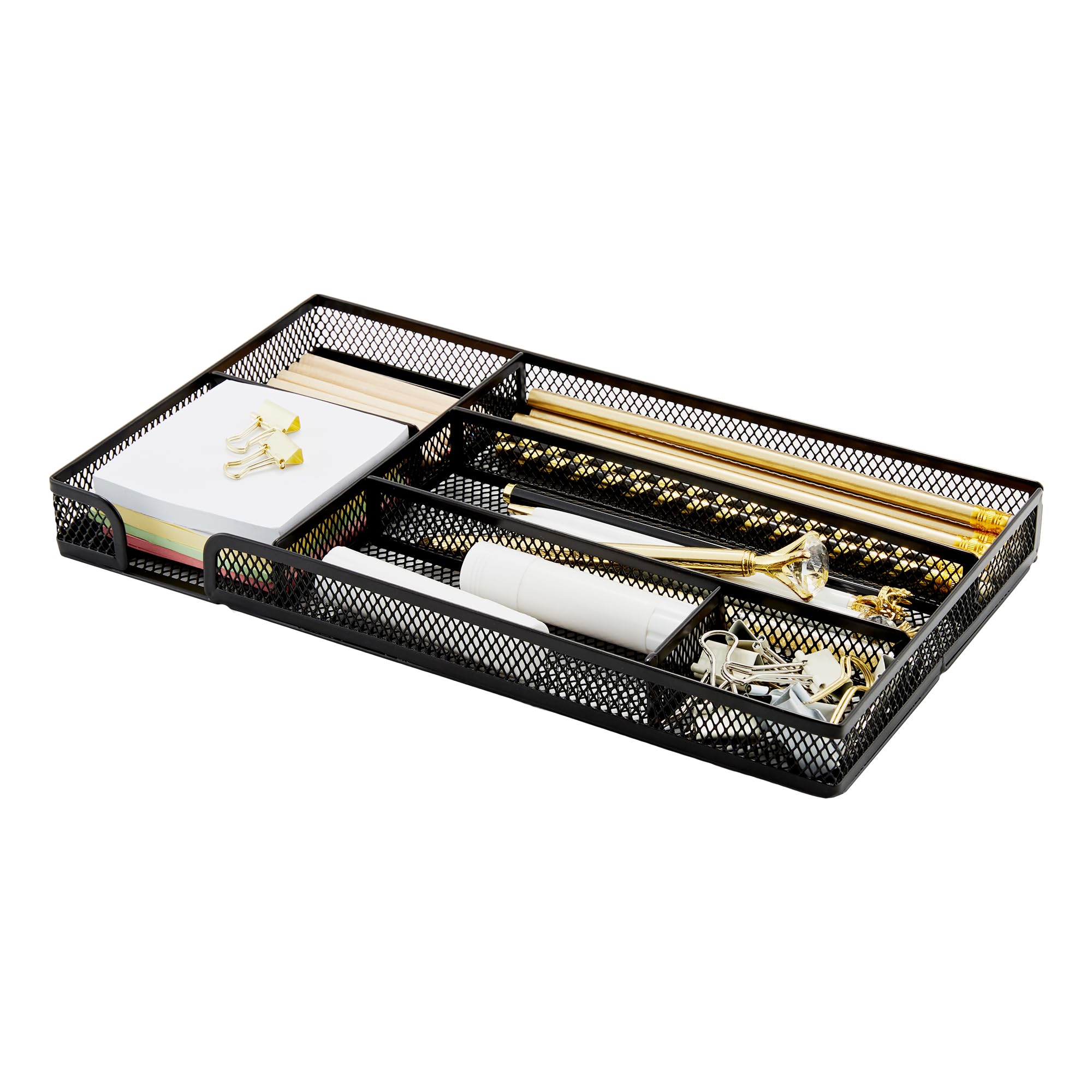 Annova Desk Drawer Organizer Tray for Office Organization - Metal Mesh - Storage Tray with Dividers for Pens, Desktop Accessories, Bathroom, Kitchen, Makeup and Office Supplies (Black)