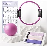 LIONSCOOL Pilates Ring Set 14" Magic Circle, 9" Mini Ball, Resistance Bands | Foam-Padded Fiberglass Pilates Ring, 400 lb Anti-Burst Ball, Fabric Bands, Guide, Bag, Pilates Equipment Kit for Home Workout