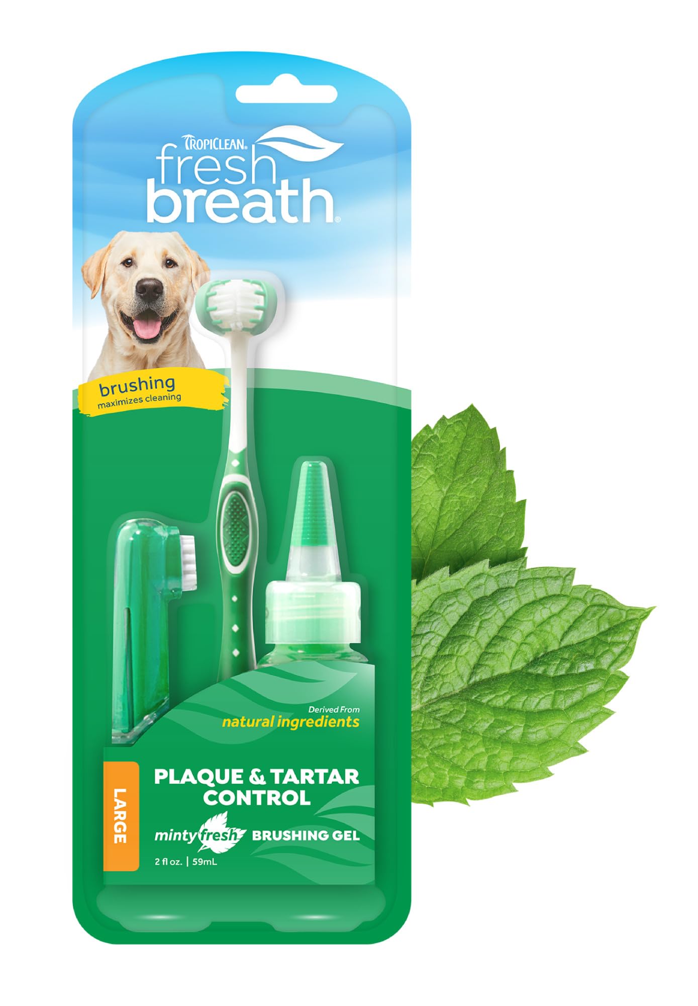 TropiClean Fresh Breath Dog Teeth Cleaning Oral Care Kit - Breath Freshener Dental Care - Complete Dog Toothbrush Kit for Large Dogs - Helps Remove Plaque & Tartar, Large Dogs, 59ml