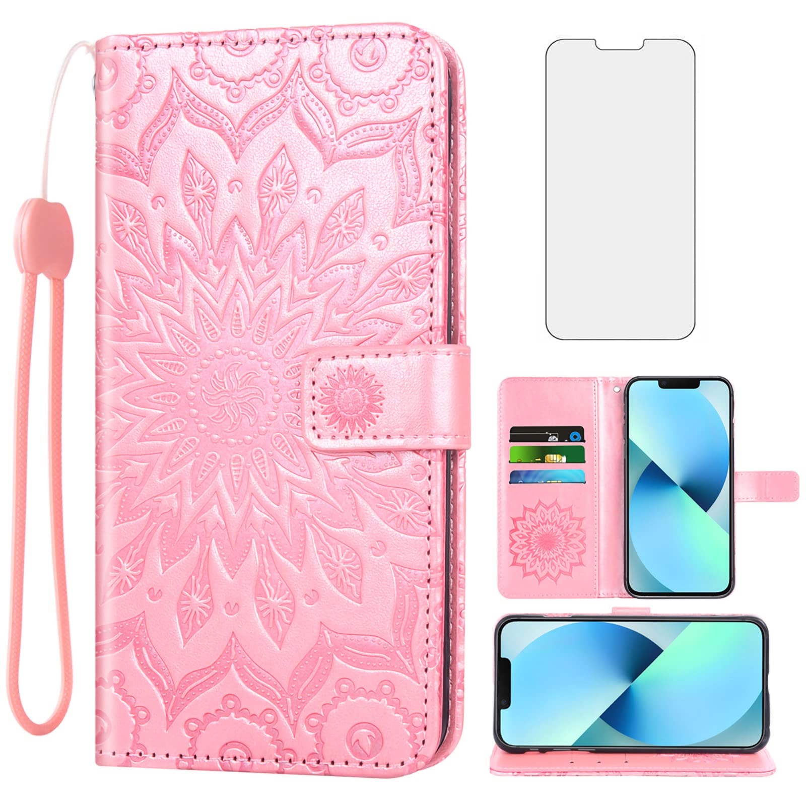 Phone Case for iPhone 13 Mini 5.4 inch Wallet Cases with Tempered Glass Screen Protector and Leather Slim Flip Cover Card Holder Stand Cell Accessories iPhone13mini i iPhone13 13mini Women Rose Gold